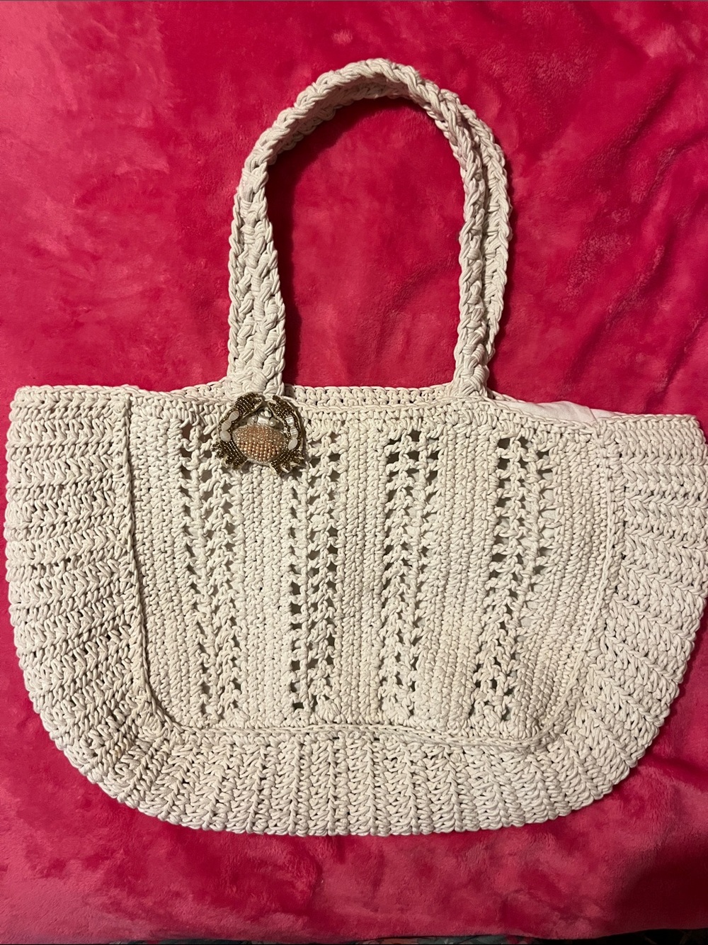 Crocheted bag with inside closely bag,jeweled crab. Hand made in India. NWOT